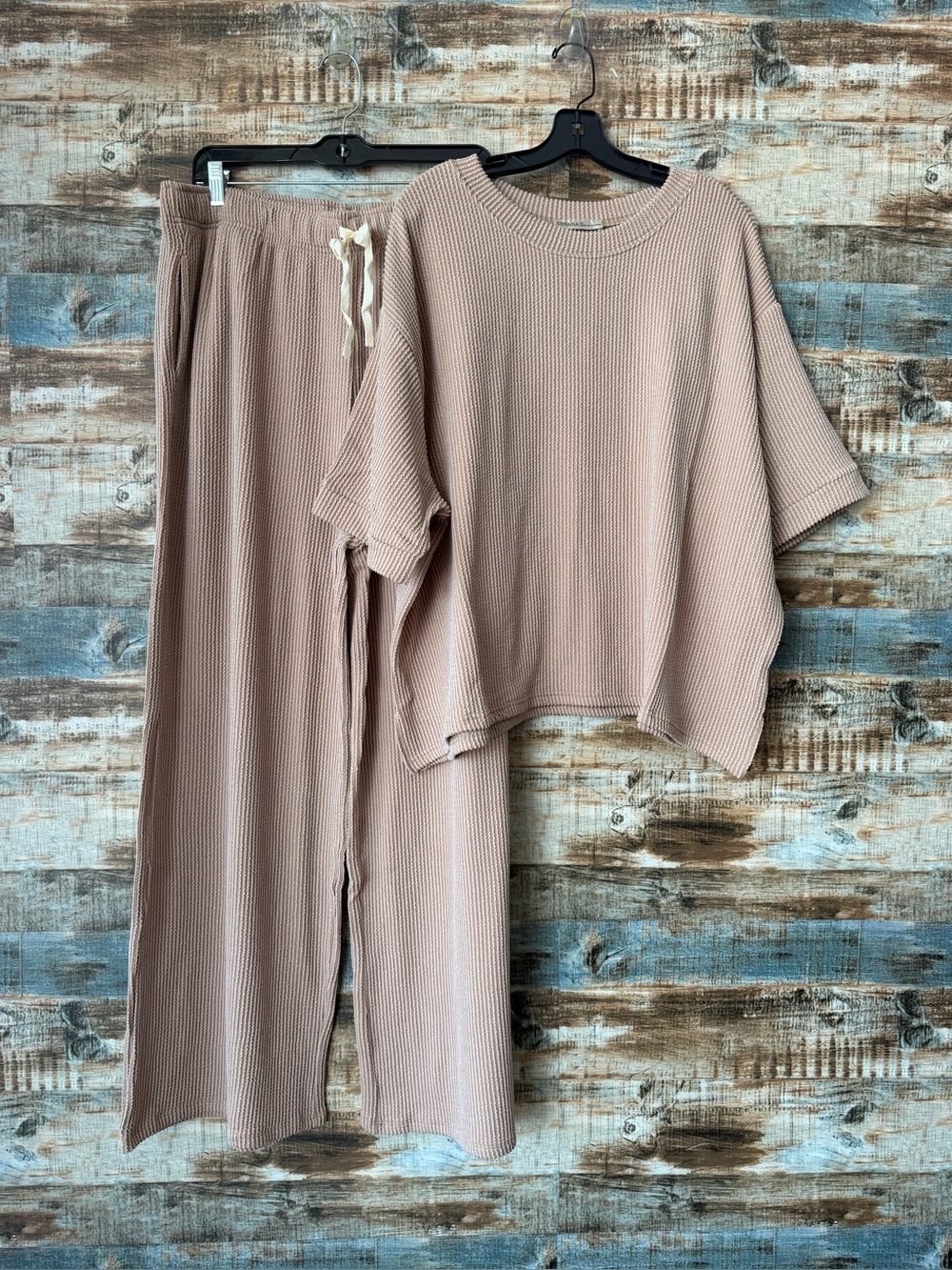 Zenana Outfitters Mocha Ribbed Knit Lounge Set - Top & Wide Leg Pants
